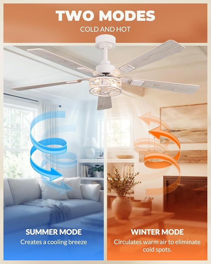 2 Pack 52 Inch Ceiling Fans with Lights and Remote, Farmhouse Caged Round Flush Mount Ceiling Fan, 6-Speed Quiet and Reversible DC Motor Ceiling Light Fixtures for Bedroom, Living Room, White