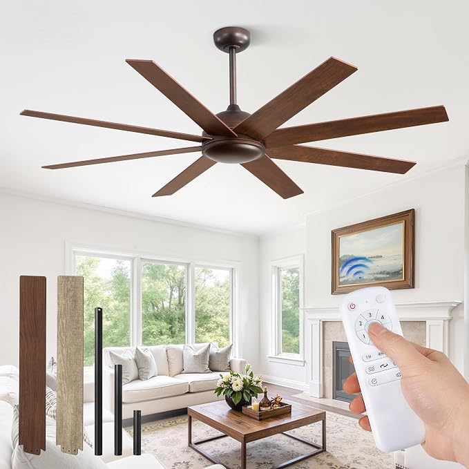 62 Inch Oil Rubbed Bronze Ceiling Fans No Light, Farmhouse Ceiling Fan with Remote, 6-Speeds, Quiet Reversible DC Motor, 8 Blades, Indoor/Outdoor Rustic Ceiling Fan for Living Room, Garage, Patio