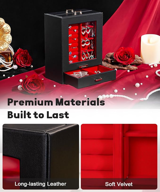 Homde Display Jewelry Box for Girls: Starter Organizer with Clear Window | Vertical Drawers for Earrings Rings Necklaces - Compact Footprint Fits Small Vanities - Birthday&Graduation Gift for Teens