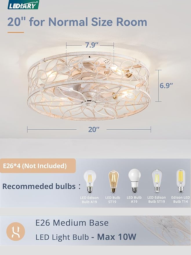 LEDIARY 20 Inch Caged Ceiling Fans with Lights, White Flush Mount Ceiling Fan with Remote&App, Low Profile Bladeless Ceiling Fan Light Fixture for Bedroom, Kitchen, Dining Room-White Gold Color