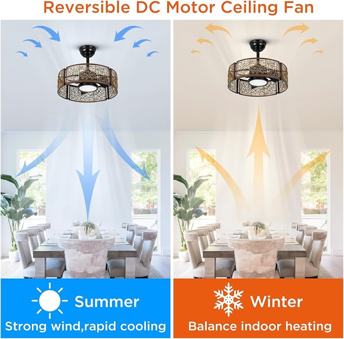 TALOYA 20 Inch Caged Ceiling Fans with Lights Chandelier Remote Control Flush Mount Low Profile for Bedroom Living Room Patio,Reversible,Buzzer Mute,Dimmable Led Light Included,Fandelier,Black Walnut