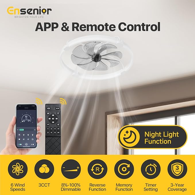Ensenior Ceiling Fans with Lights and Remote, 24'' Low Profile Ceiling Fan Flush Mount, APP Control, 6 Speed, 3CCT, Quiet Reversible DC Motor, Dimmable Modern Ceiling Fan with Light for Bedroom-White