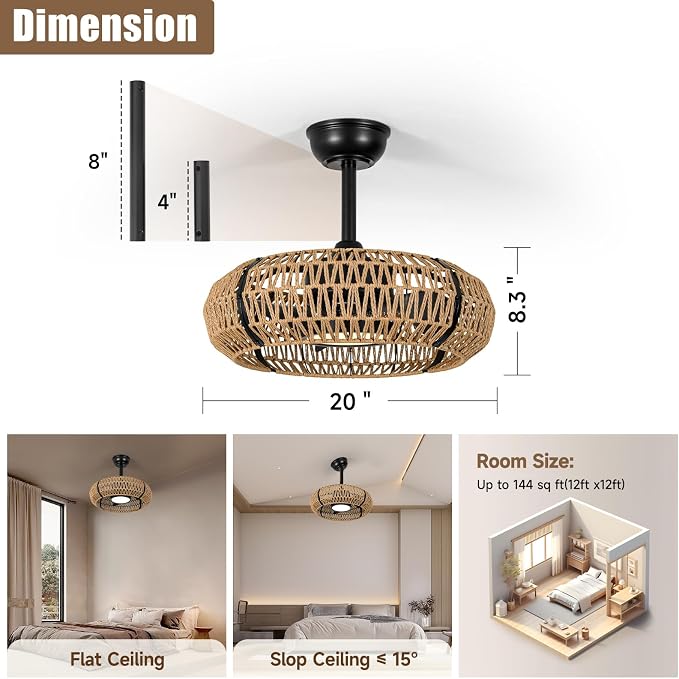 ocioc 20" Caged Ceiling Fans with Lights and Remote,Fandelier Ceiling Fan with Light,Bladeless,Quiet Reversible DC Motor,Rattan Boho Ceiling Fan for Bedroom,Living Room