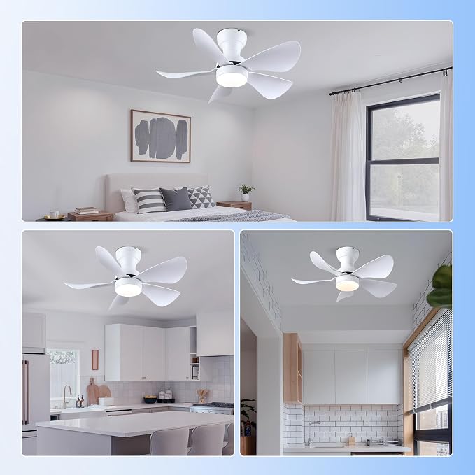 Kviflon 30 Inch Ceiling Fans with Lights and Remote Control, Flush Mount Ceiling Fans with 5 Reversible Curved Blades, 3 Colors Dimmable 6 Speeds Ceiling Fan for Bedroom Kitchen Dining Room, White