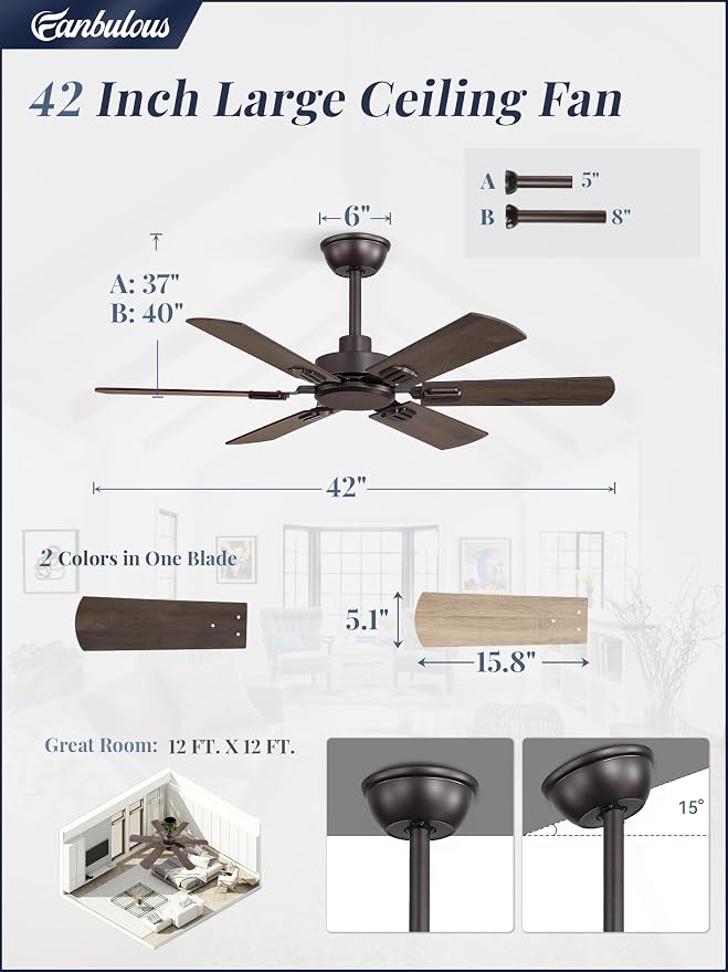 Fanbulous 42 Inch Ceiling Fans No Light with Remote, Modern Ceiling Fan Without Light, Dual Finish 6 Blades, Reversible Quiet DC Motor, 6 Speed, Large Ceiling Fan for Indoor or Outdoor, Oil Bronze