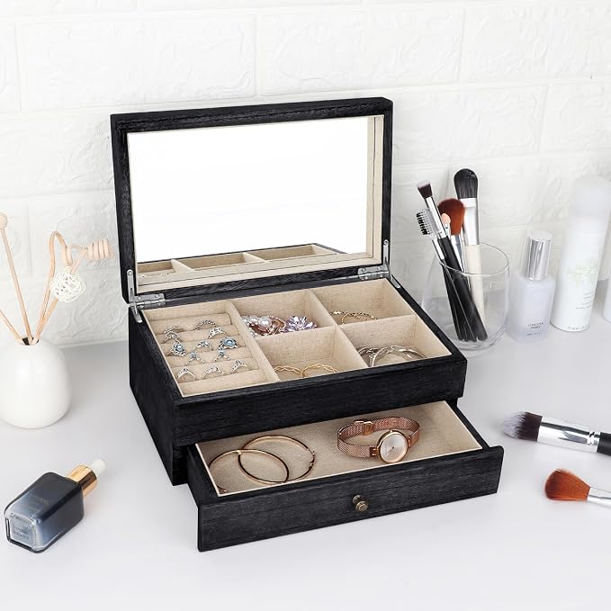 Meangood Jewelry Box Organizer for Women, 2 Layer Large Jewelry Storage Case, Rustic Wooden Jewelry Box with Mirror & Ring Tray for Necklace Earring Bracelets Rings, Vintage Style (Black)