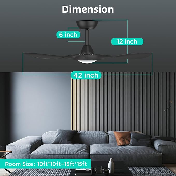 Roomratv 42 Inch BLack Ceiling Fans with Lights, Remote Control,Reversible DC Motor,Dimmable,6 Speeds,Ultra Quiet,3 Blade Ceiling Fans for Bedroom,Living Room,Indoor Outdoor Patio