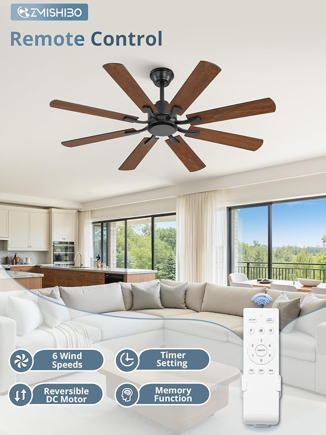 ZMISHIBO 52 inch Ceiling Fan no Light, 8 Blades Black Ceiling Fans without lights, Quiet Rerverible DC Motor, 6speeds, for Bedroom, Living Room, Home Office and Patio