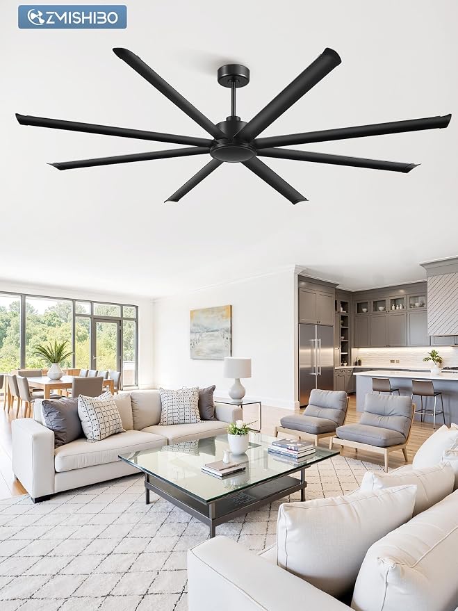 ZMISHIBO 96" Large Industrial Ceiling Fans No light with Aluminum 8 Blades, Commercial HVLS Ceiling Fan without Light,Quiet DC Motor,6 Speeds, Indoor Outdoor Ceiling Fan for Patio, Garage Shop,Black