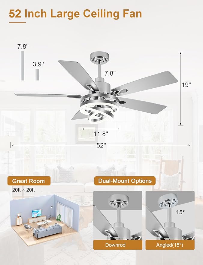 52" Modern Chandelier Fandelier Ceiling Fan with Light | DC motor, reversible, dimmable, 3 adjustable rings for DIY shape; recommended for bedroom, living room, and indoor use.