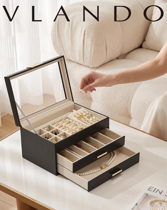 VLANDO Jewelry Box Organizer for Women, 3-Layer Jewelry Storage Case with Glass Lid, Gold Handle, 2 Drawers for Rings, Earrings, Necklaces and Bracelets - Black
