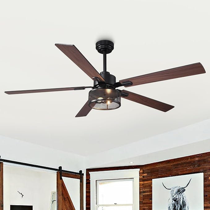60 Inch Farmhouse Ceiling Fans with Lights, Rustic Ceiling Fan with Remote and APP Control, 5 Dual Finish Blades, 6-Speed Quiet Reversible DC Motor with Timer for Kitchen Living Room Patio
