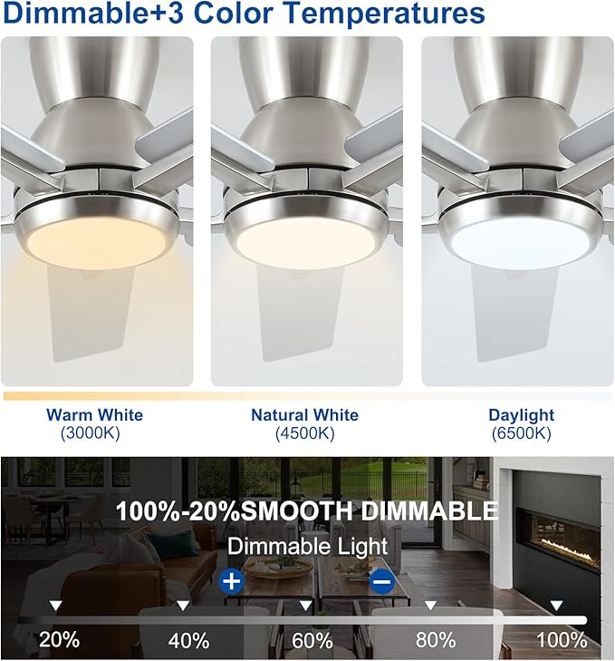 52'' Brushed Nickel Flush Mount Ceiling Fan with Light & Remote, ETL Listed | 6 Speed, Quiet DC Motor, 3-Level Timer Function, 3 Color Temperature, Forward/Reserve For all Seasons, Indoor/Covered Outdoor