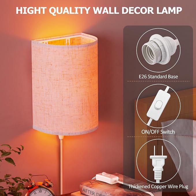 OCATO Plug in Wall Sconces Set of Two: Wall Light Wall Lamp with On/Off Switch 3000K 4500K 6000K Selectable Fixtures Fabric Linen Shade Wall Decor Wall Lights for Bedroom Living Room Hallway Indoor