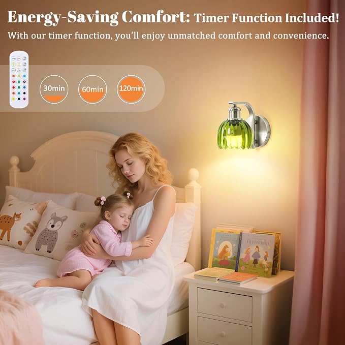VerRon Rechargeable Battery Operated Wall Sconce with Green Glass Lampshade, Wireless Wall Scone Decor with Remote Control, 15 Colors Brushed Nickle Wall Light for Bedside Hallway Bedroom Doorway