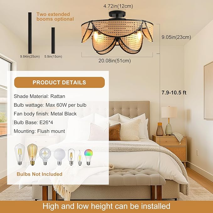 Ganeed 20" Boho Caged Ceiling Fan with Light and Remote, Layered Rattan Enclosed Flush Mount Boho Ceiling Fans Lights, Low Profile 6 Speed Reversible Fandelier for Bedroom Kitchen Living Room Nursery