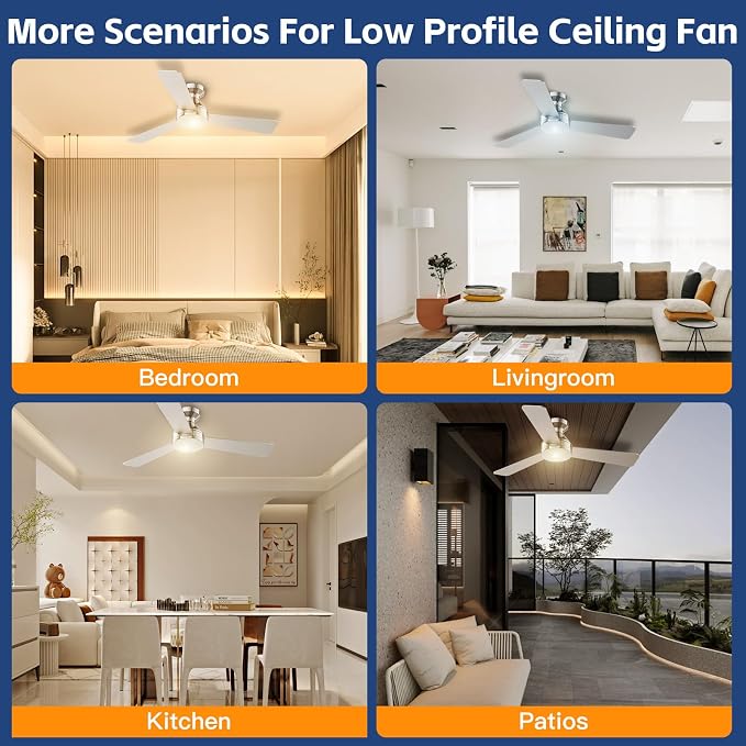 Ceiling Fans with Lights, 42 Inch Ceiling Fan with Light And Remote, 3CCT Flush Moun Low Profile Ceiling Fans, 6 Speed Noiseless LED Ceiling Fan, Advanced Nickel Ceilings Fan for Bedroom Living Room