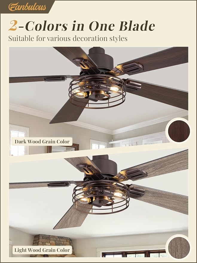 Fanbulous 2 Pack Farmhouse 42 Inch Ceiling Fans with Lights, Industrial Caged Ceiling Fans for Bedroom Living Room, Double-Sided 5 Blades Rustic Ceiling Fan-Oil Bronze