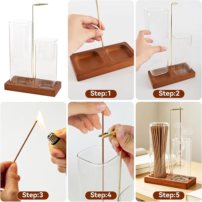 2 in 1 Incense Holder, Wooden Incense Holder for Sticks with Glass Ash Catcher & Storage, Anti-Ash Flying Incense Burner for Meditation, Yoga, Spa Home Boho Decor (Brown)