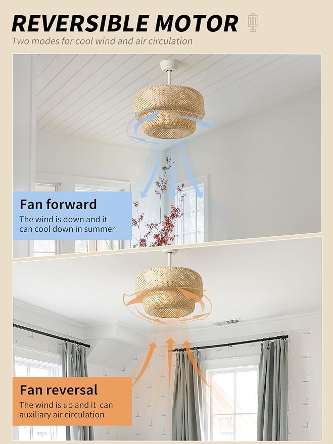 SYDACG Boho Ceiling Fans with Lights, 20" Rattan Ceiling Fan with Light Remote Control, Caged Fandelier with 6 Speeds for Bedroom, Nursery, Living Room