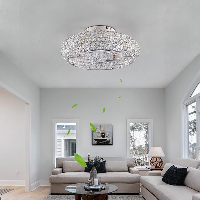 Caged Crystal Ceiling Fans with Lights and Remote,20" Flush Mount Low Profile Ceiling Fan with Light,6 Speed Enclosed Ceiling Fan with Reversible Motor for Bedroom Living Room|(4 E26 Bulbs Included)