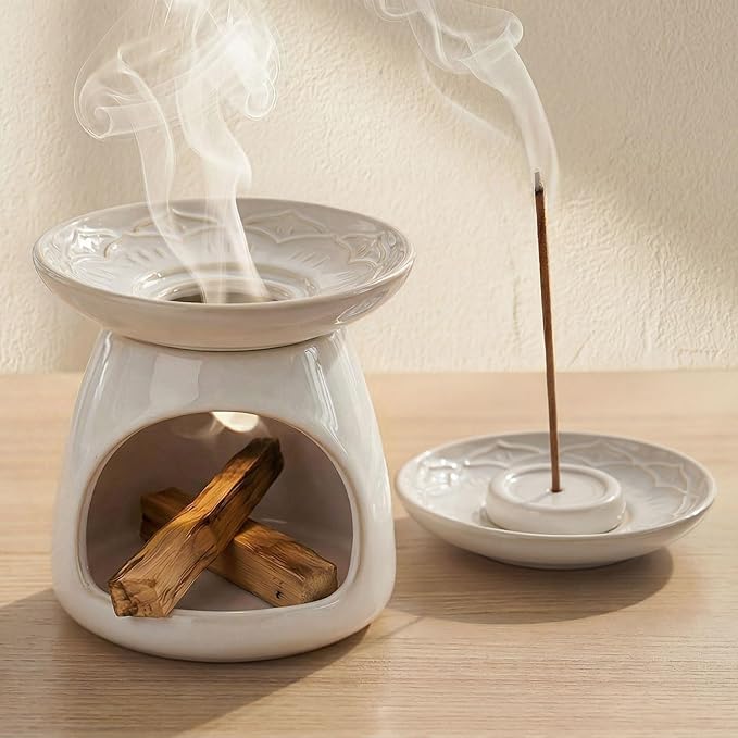 Palo Santo Holder Incense Burner for Sage, Ceramic Incense Holder for Sticks & Cones, 3-in-1 Chimney Burner with Detachable Lotus Stick Tray, Meditation Home Decor Gift