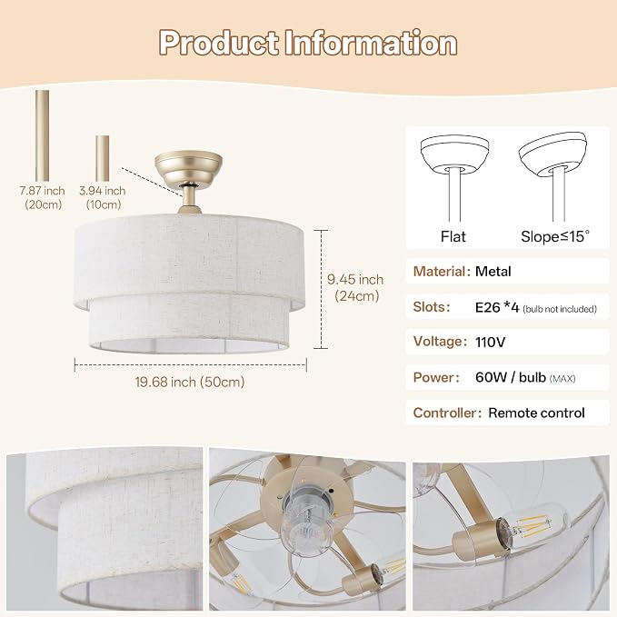 20" Boho Ceiling Fans with Lights, Coastal Fandelier Chandelier Ceiling Fan with Light Remote Control, Caged with 6 Speeds for Bedroom, Nursery (Beige)