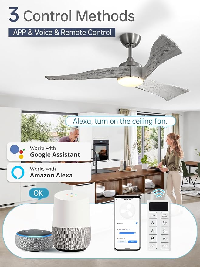 Sofucor 52 Inch Smart Ceiling Fans with Light-Modern Solid Wood Outdoor 3 Blades Ceiling Fan with Light Alexa/Google/APP/Remote Control for Bedroom Living Room, Quiet DC Motor, Brushed Nickel & Grey