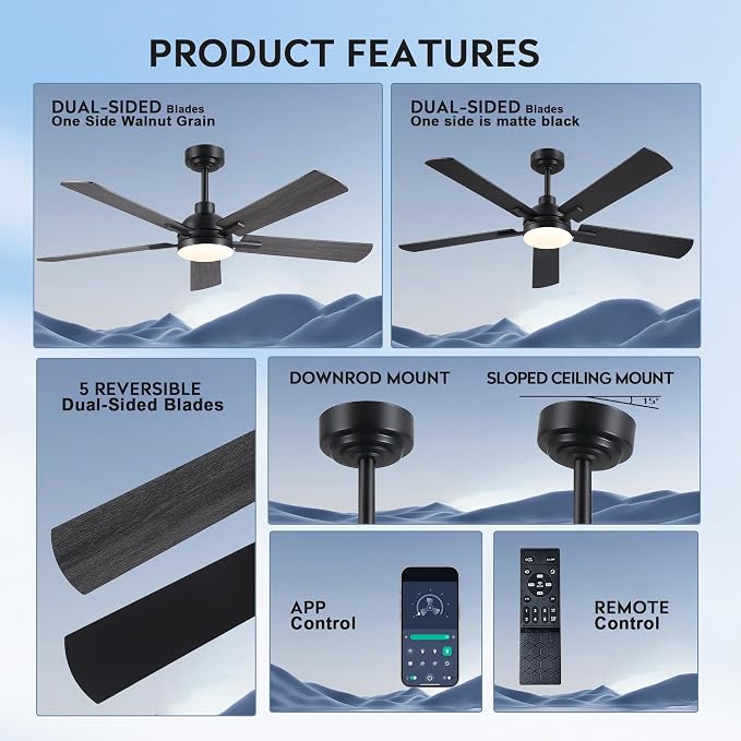 JSAITEE Ceiling Fans with Lights - 52Inch Low Profile Flush Mount Ceiling Fan with Light and Remote Control, DC Reversible Motor, Dimmable, 6 Speeds Ceiling Fan for Bedroom, Kitchen, Black