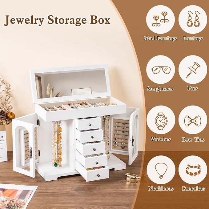 Miratino Jewelry Box for Women Girls, Wooden Jewelry Organizer Box with Mirror, 5 Layer Jewelry Storage Case Display for Necklaces Earrings Rings Bracelets Valentine's Day Gifts