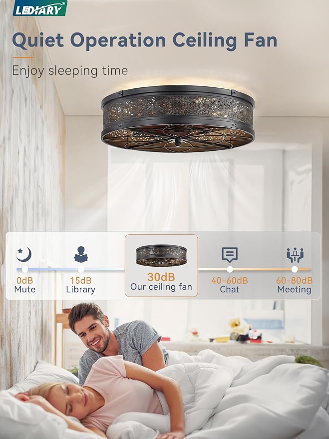 LEDIARY 20" Caged Ceiling Fans with Lights,Low Profile Flush Mount Enclosed Bladeless Farmhouse Ceiling Fan with Light and Remote,Black Vintage Victorian Rustic Fandelier for Bedroom,Kitchen,Indoor
