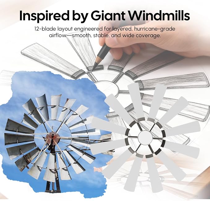 62'' Farmhouse Ceiling Fan with Light,12 Dual-Finish Wind Mill Blades, 3 Downrods, 6-Speed Reversible DC Motor, High CFM, 3CCT, Indoor Outdoor Modern Industrial Fans for Patio Commercial Shop Garage