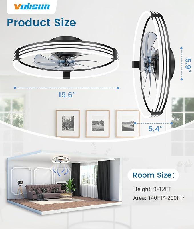 VOLISUN Low Profile Ceiling Fans with Lights and Remote, 20in Flush Mount Ceiling Fan with Light, 3000K-6500K Dimmable Fandelier LED Fan Light, Black Bladeless Ceiling Fans with Lights for Bedroom