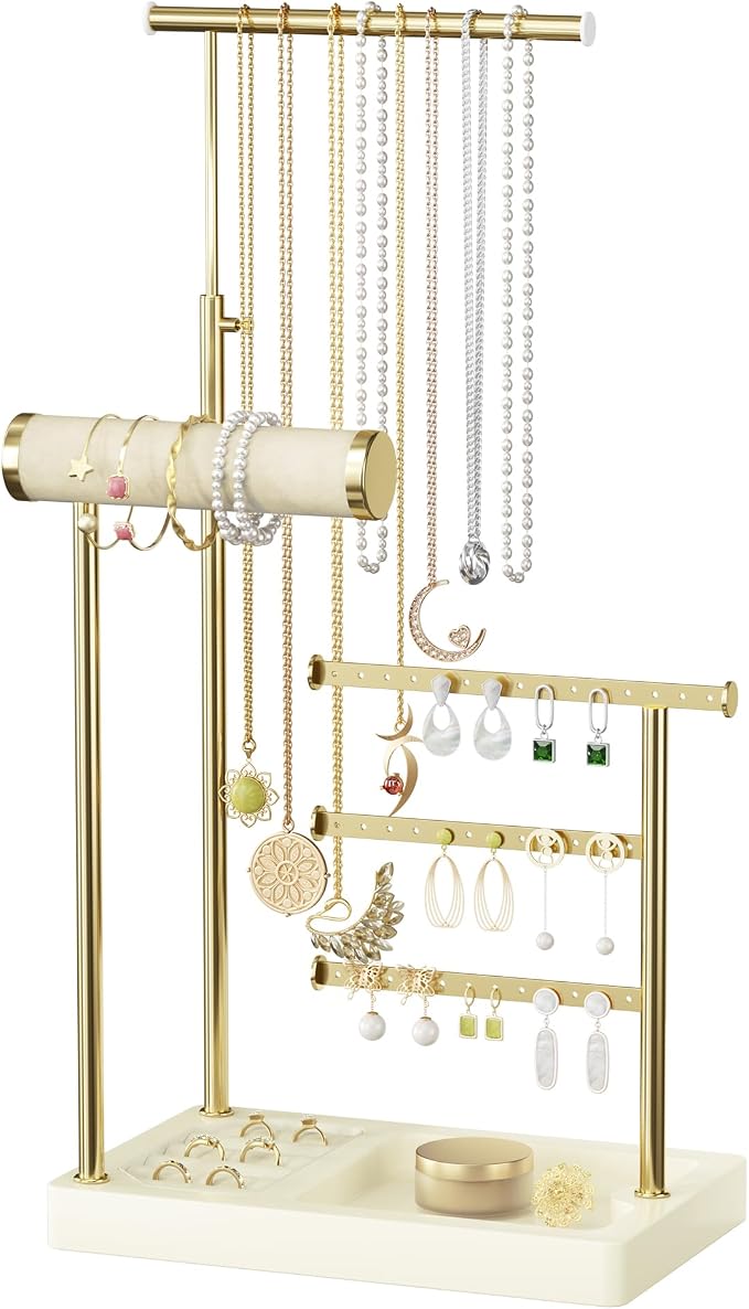 SZQINJI 5 Tier Jewelry Holder Organizer, Gold Necklace Stand Display, Beige | Velvet Bracelet Holder, Adjustable Height Jewelry Display for Necklaces, Bracelets, Earrings, Rings, Gift Idea for Women