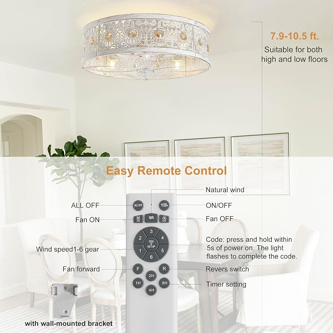 Garwarm 20" Ceiling Fans with Lights,Flush Mount Vintage Farmhouse Rustic Crystal Fandelier,Low Profile Farmhouse Caged Ceiling Fan with Light and Remote for Bedroom,Kitchen,Indoor