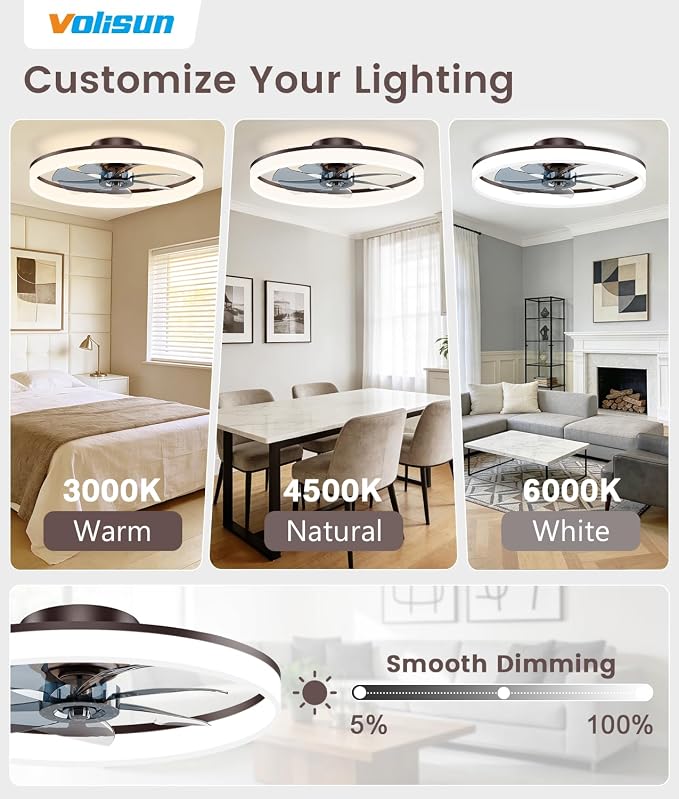 VOLISUN Low Profile Ceiling Fans with Lights and Remote, 24in Fandelier Ceiling Fan Flush Mount, 3000K-6500K Smart Bladeless LED Fan Light, Brown Modern Ceiling Fans with Lights for Bedroom