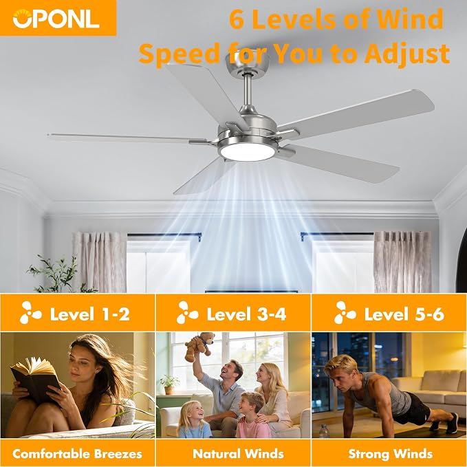 OPONL Ceiling Fan with Light, Ceiling fan with Light and Remote Control, Reversible, 6CCT, Dimmable, Noiseless, Ceiling Fan for Bedroom, Indoor/Outdoor Use, Nickel, 52 inch, Classic