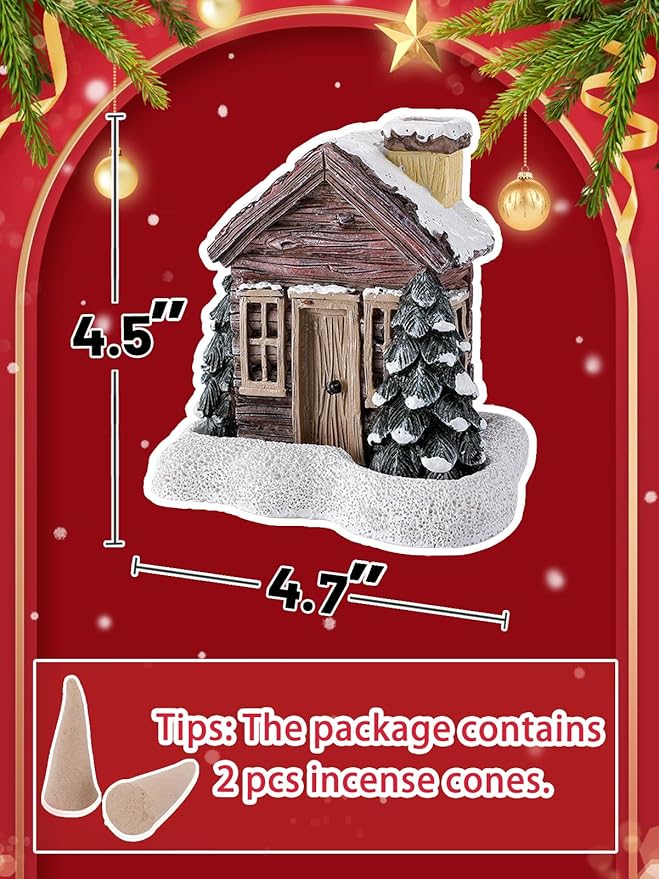 Christmas Log Cabin Incense Burner - Christmas Village Houses with 2 Incense Cones, Resin Incense Cone Holder for Home Room Table Fireplace Decorations, Brown