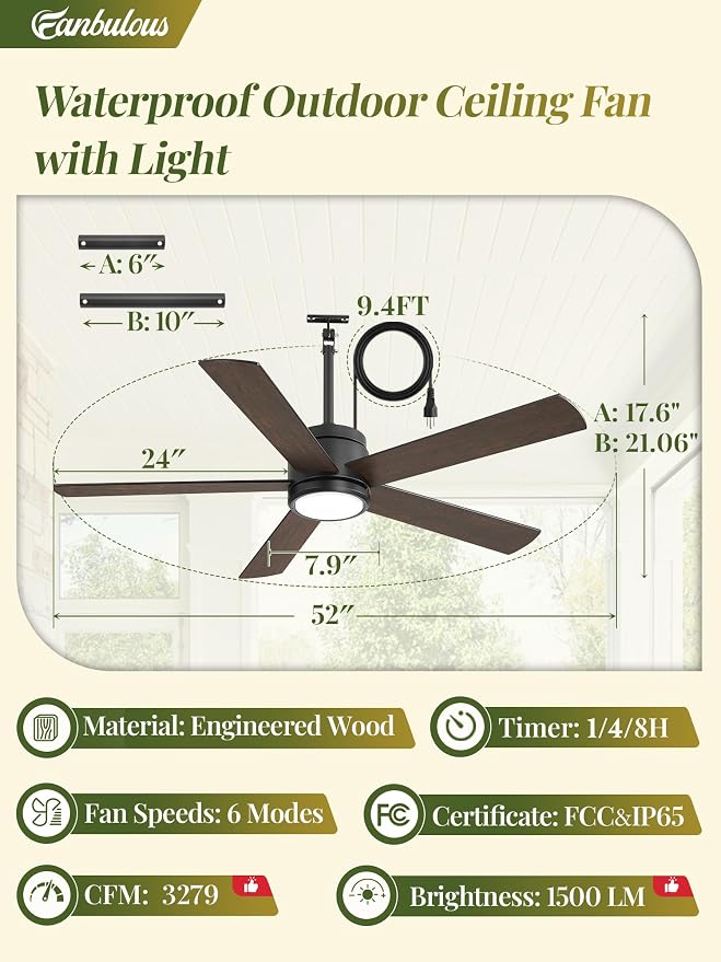 Fanbulous 52" Outdoor Ceiling Fan with Light and Remote, IP65 Waterproof, Plug-in Design with 10FT Cord, 6-Speeds, 3CCT, Hook Hanging Fan for Gazebo Patio Porch Garage Canopy(Black)