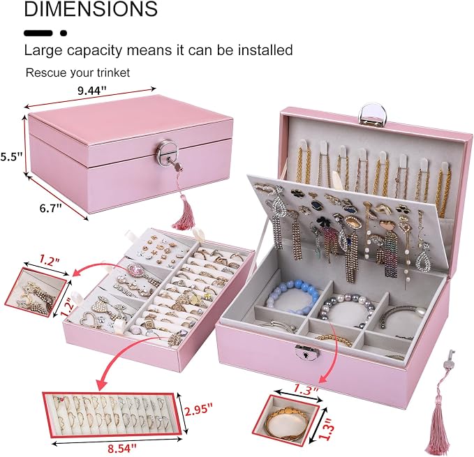 BOOVO Large Jewelry Boxes For Women (Rose Gold, 4 layer) | 4 Layers Jewelry Organizer Box With Cosmetic Storage Drawer, Necklace Ring Jewelry Organizer Box