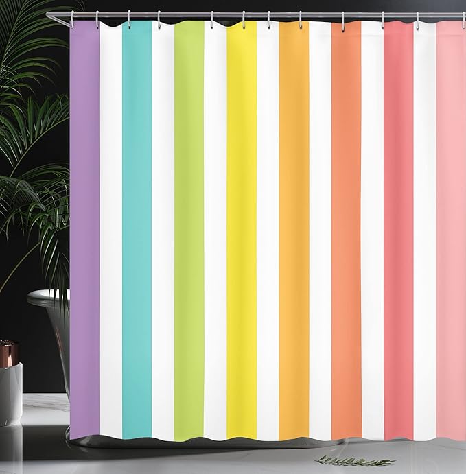 Ambesonne Modern Shower Curtain, Circus Theme Rainbow Colored Image Bold Stripes with Blank Background Image Print, Cloth Fabric Bathroom Decor Set with Hooks, 69" W x 84" L, Pastel Pink