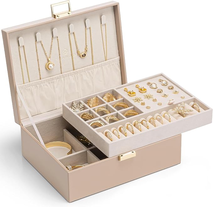 VLANDO Jewelry Box for Women, Gift for Women Girls,2 Layer Jewelry Box,Large Jewelry Organizer for Women Removable Jewelery Tray for Necklace Earrings Rings (Toffee)