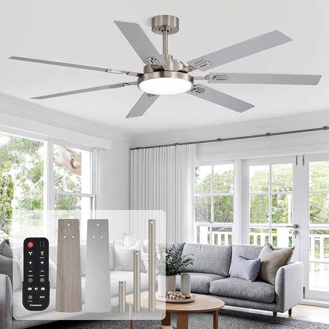 64 Inch Ceiling Fans with Lights and Remote, Bedroom Living Room Office Library Cafe Outdoor Industrial, 5CCT Dimmable, Dual Color 7 Blades, 6 Speed Reversible Quiet DC Motor, Sand-nickel/Wood Grain
