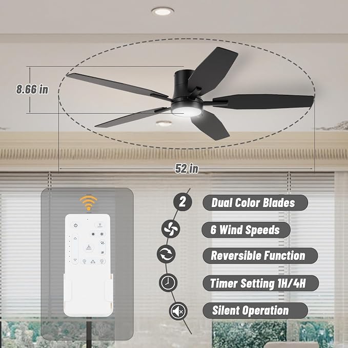 52" Flush Mount Ceiling Fan - 5 Blades Ceiling Fan with Light for Living Room and Bedroom - 5000 CFM - Quiet DC Motor - Dimmable - Reversible Function - Black