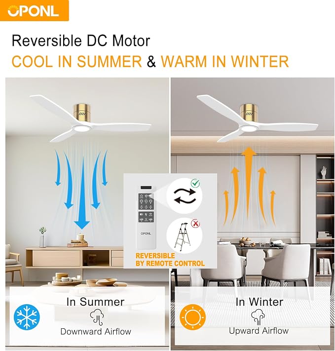 OPONL Ceiling Fan with Light, 52 inch Low Profile Ceiling fan with Light and Remote Control, Reversible, 6CCT, Dimmable, Noiseless, White Ceiling Fan for Bedroom, Indoor/Outdoor Use, Wood