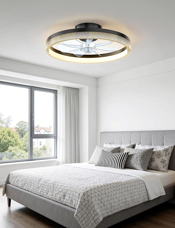 AKOFUN 18" Ceiling Fans with Lights and Remote, Low Profile Flush Mount Ceiling Fan with Light, 3000-6500K Dimmable LED Fan Light, Modern Bladeless Fandelier Ceiling Fans for Bedroom, Black Dot