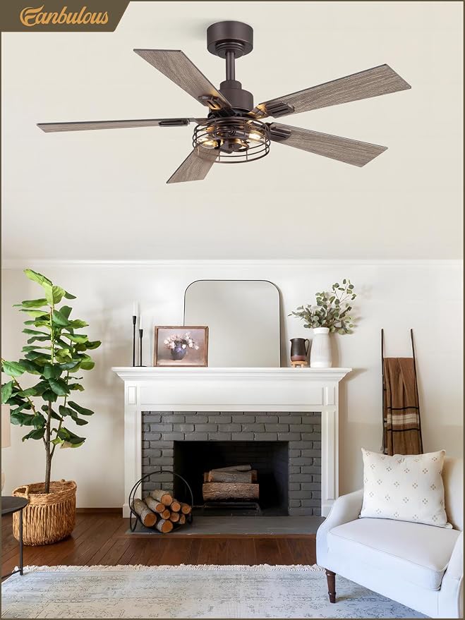 Fanbulous 1 Pack Farmhouse 42 Inch Ceiling Fans with Lights, Industrial Caged Ceiling Fans for Bedroom Living Room, Double-Sided 5 Blades Rustic Ceiling Fan-Oil Bronze