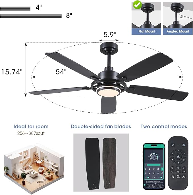 SHIHOT 54" Black Modern Ceiling Fans with Lights&Remote for Bedroom Kitchen | 6 Wind Speeds, Reversible, Dimmable 3 Light Colors LED Light, 30W Noiseless DC Motor,5 Double-Sided Blades,2H Timer