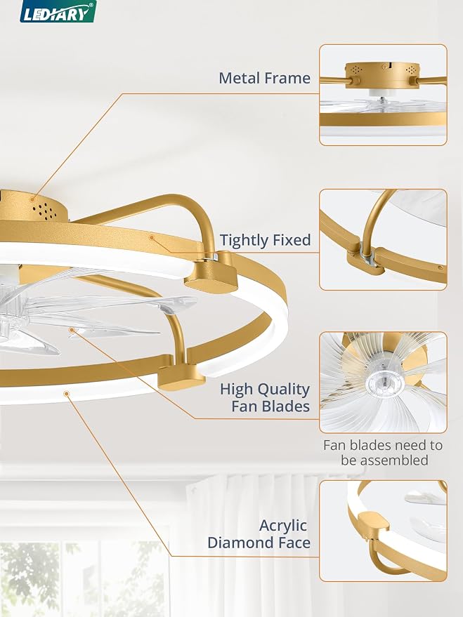 LEDIARY Ceiling Fans with Lights and Remote, 24'' Low Profile Ceiling Fan with Light, 3000-6000K Dimmable Fandelier LED Fan Light, 6 Wind Speeds, Gold Modern Flush Mount Ceiling Fan for Bedroom