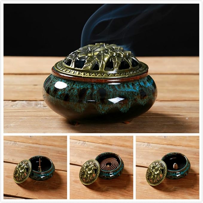 Censer Sky Blue Incense Burner with Calabash Incense Stick Holder - Porcelain Charcoal Censer for Use with Resin Granular Powder Cone or Coil Incense (Blue Fambe)